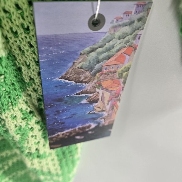 Massive Luxury Green Open Knit Crochet Polo Button Front Short Sleeved Top - Picture 13 of 14